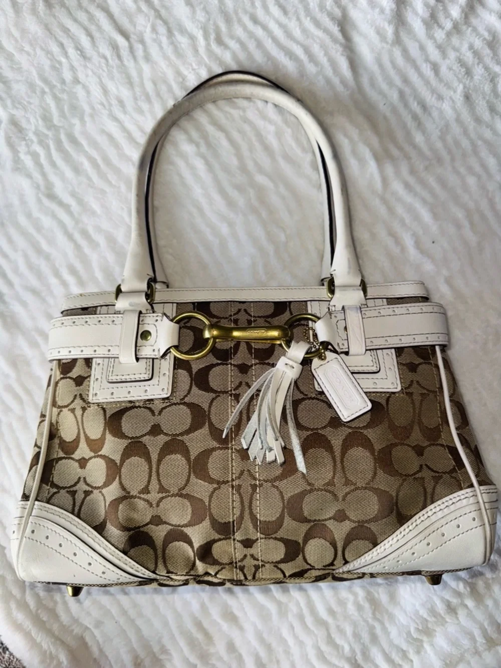 Vintage Coach Signature Canvas Satchel in Khaki and White Trim - Picture 3 of 16